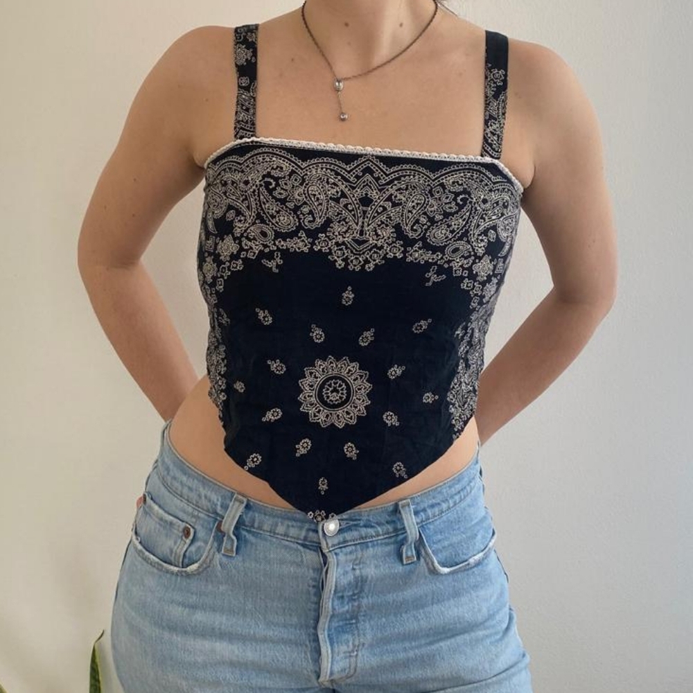 Y2K Navy Black Bandana Print Handkerchief Hem Cami Top Boho Coquette Festival